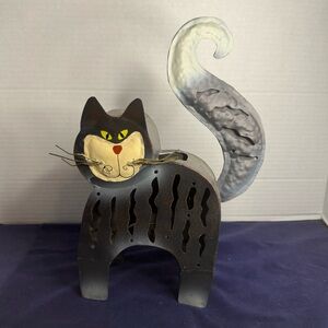 Vintage Metal Folk Art Cat Sculpture Punched Tin Candle Holder Unique Halloween
